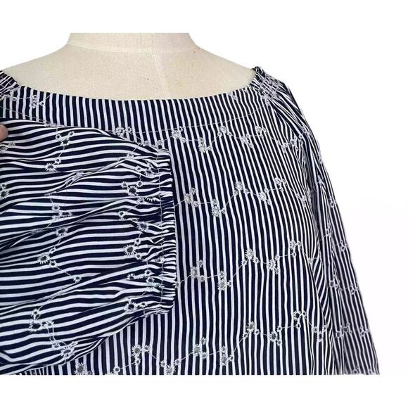 LOFT Outlet Eyelet Blouse Size Medium Navy Blue Stripe Gathered Shoulder Cuffs - Picture 3 of 11